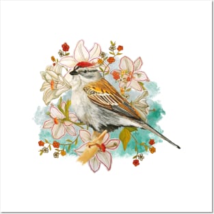 Chipping Sparrow And Flowers Posters and Art